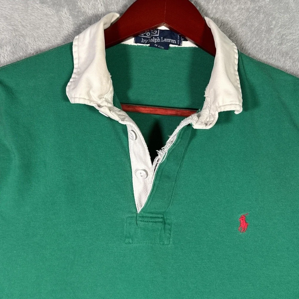 Polo Ralph Lauren Rugby Polo Shirt Mens Large Green Long Sleeve Distressed